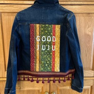 Women’s one of a kind denim jacket “ good juju”